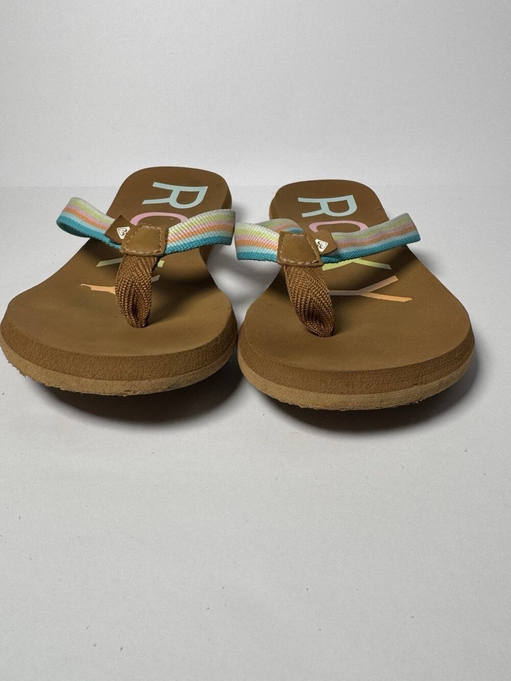 Roxy Girls Flip Flops Brown Rainbow Stripe Thong Sandals Size 4